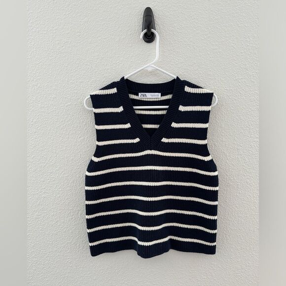 Zara Striped Sweater Vest in Navy and White - Picture 1 of 9